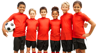 Kids in soccer uniforms with their arms around each other.